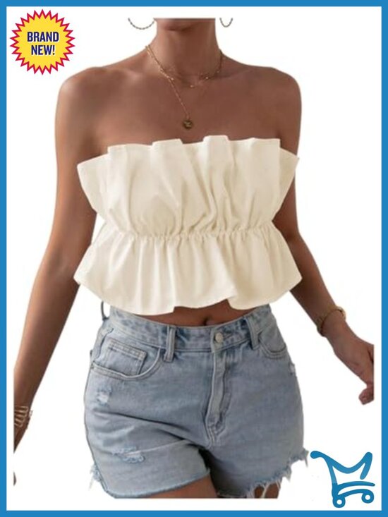 Tops - Strapless Bubble Tube Top Ruffle Open Back Sleeveless Bandeau Peplum Crop Top